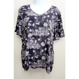 Cato Black Purple White Floral Print Short Bell Sleeves Top Medium Lightweight
